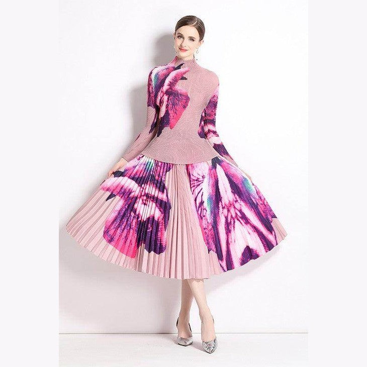 By Claude Women's Knee-Length Dress for Travel with Pleated Design and Floral Pattern