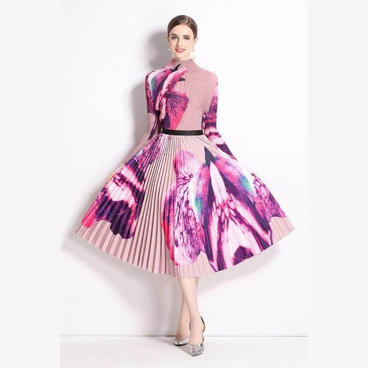 By Claude knee-length dress for travel with vibrant floral prints and pleated design