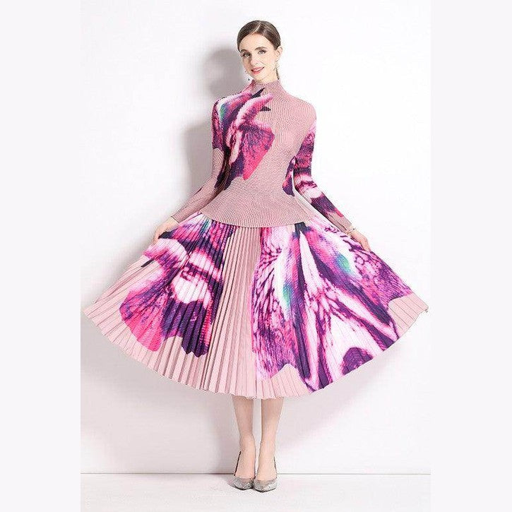 By Claude Knee-Length Dress for Travel in Pink with Pleated Floral Design for Stylish Getaways