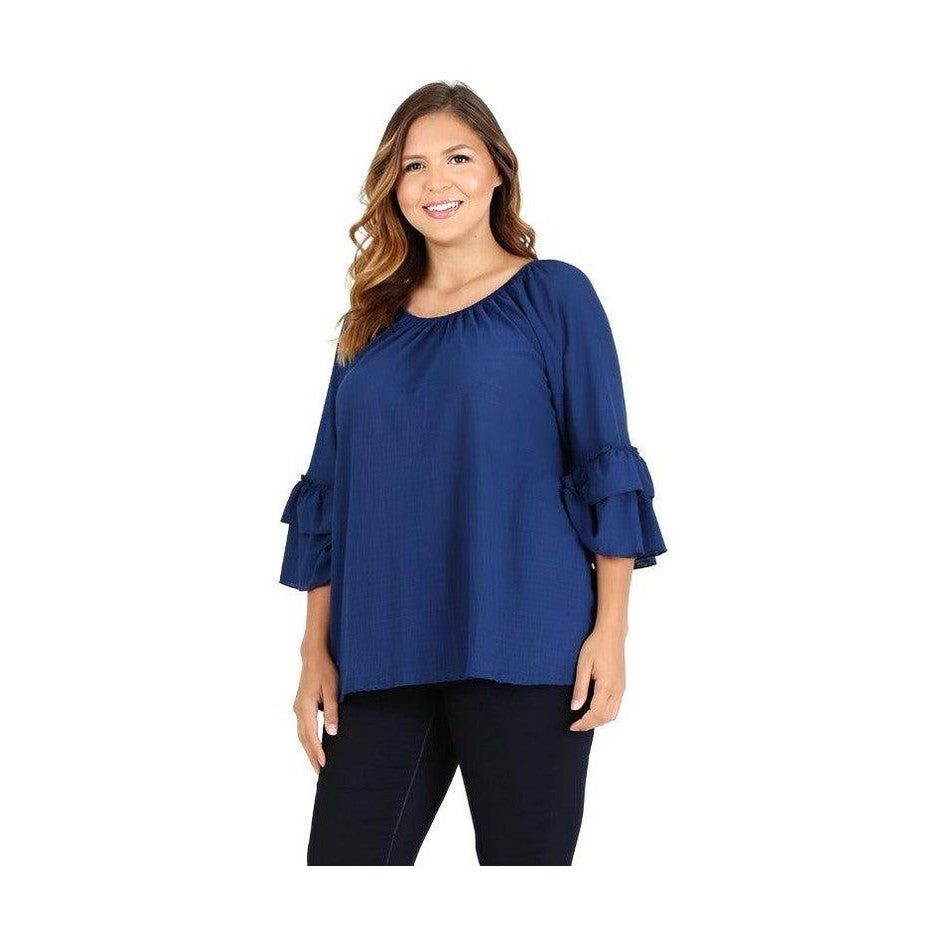 Knit 3/4 Sleeve Double Layer Ruffle Sleeve Top - VacationGrabs