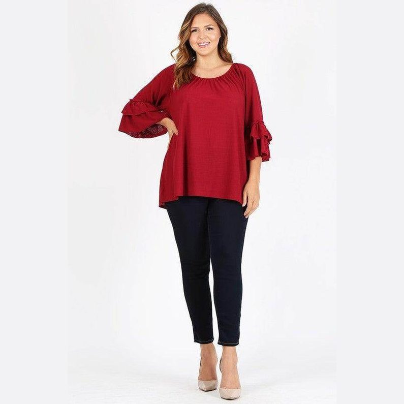 Knit 3/4 Sleeve Double Layer Ruffle Sleeve Top - VacationGrabs