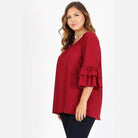Knit 3/4 Sleeve Double Layer Ruffle Sleeve Top - VacationGrabs