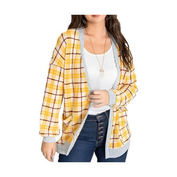 Knit Plaid Slouch Cardigan - VacationGrabs