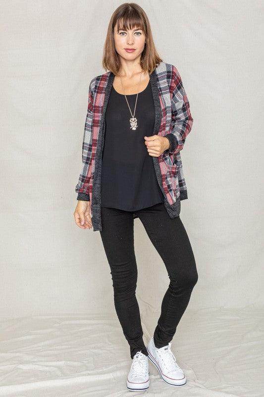 Knit Plaid Slouch Cardigan - VacationGrabs
