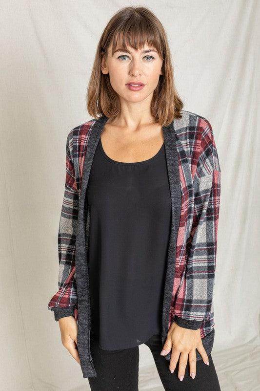 Knit Plaid Slouch Cardigan - VacationGrabs