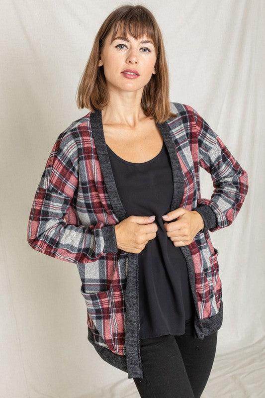 Knit Plaid Slouch Cardigan - VacationGrabs