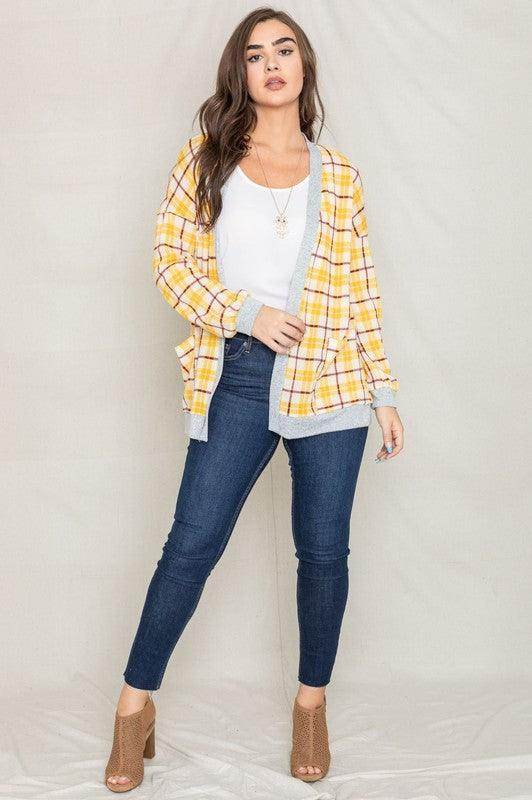 Knit Plaid Slouch Cardigan - VacationGrabs