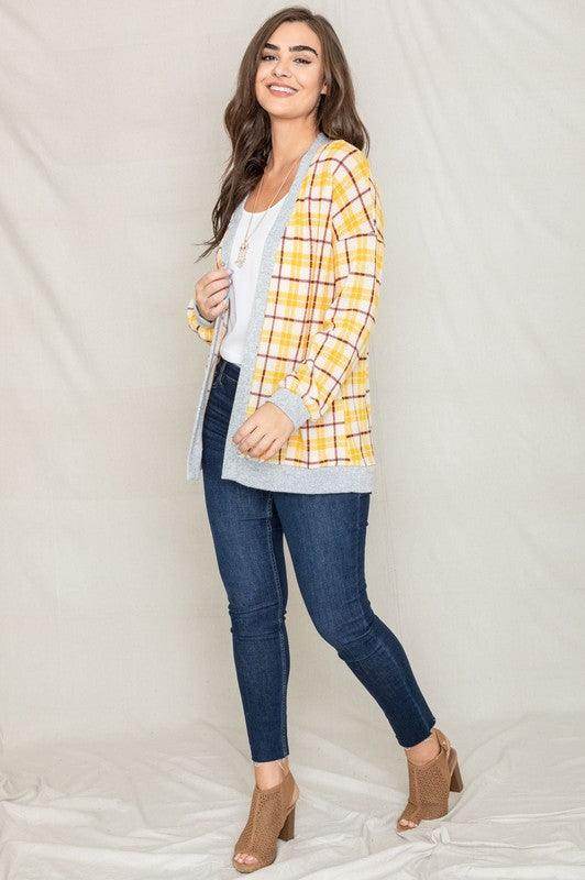 Knit Plaid Slouch Cardigan - VacationGrabs