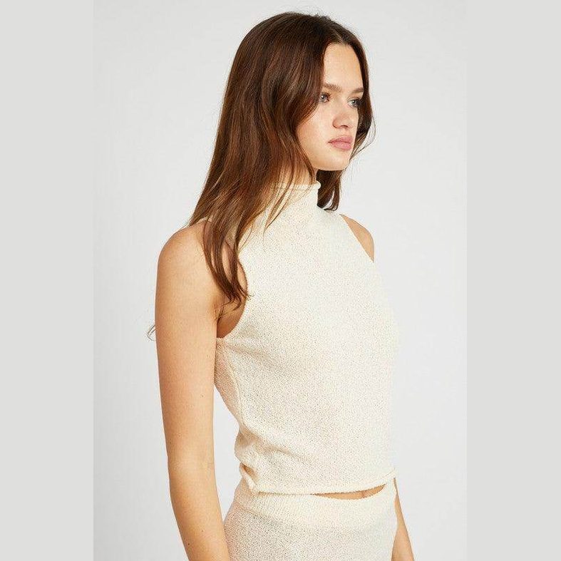 Emory Park knit sleeveless blouse in cream color with high neck design for a stylish look