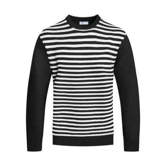 Knitted Round Neck Striped Sweater - VacationGrabs