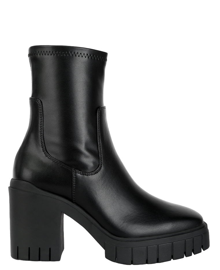 Black leather ankle boot with chunky heel on a white background