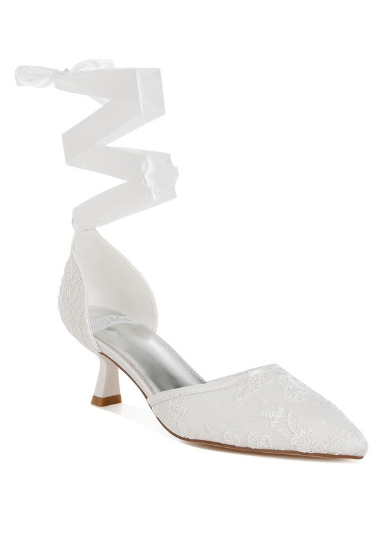 Women's white lace kitten heel sandals with ribbon ankle ties