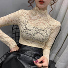 Elegant beige lace tops for women with high neckline and long sleeves, perfect for stylish outings