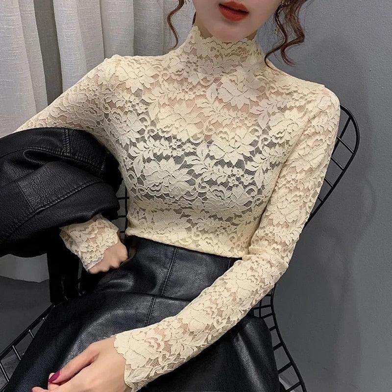 Elegant Women's Lace Tops for Women with High Neck and Long Sleeves in Cream Color