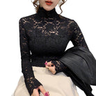 Elegant black lace tops for women with high neck and long sleeves, perfect for stylish outings