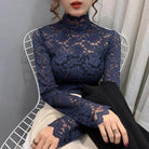 Elegant navy lace tops for women featuring a high neck design and intricate floral patterns
