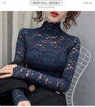 Navy blue lace top for women with high neckline and long sleeves for a stylish look