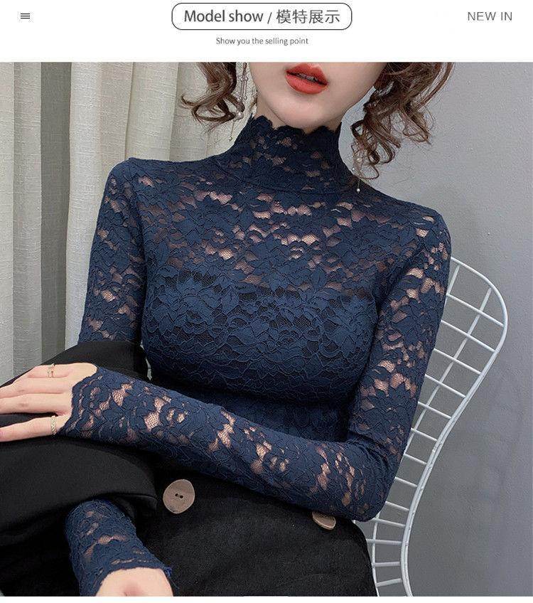 Navy blue lace top for women with high neckline and long sleeves for a stylish look