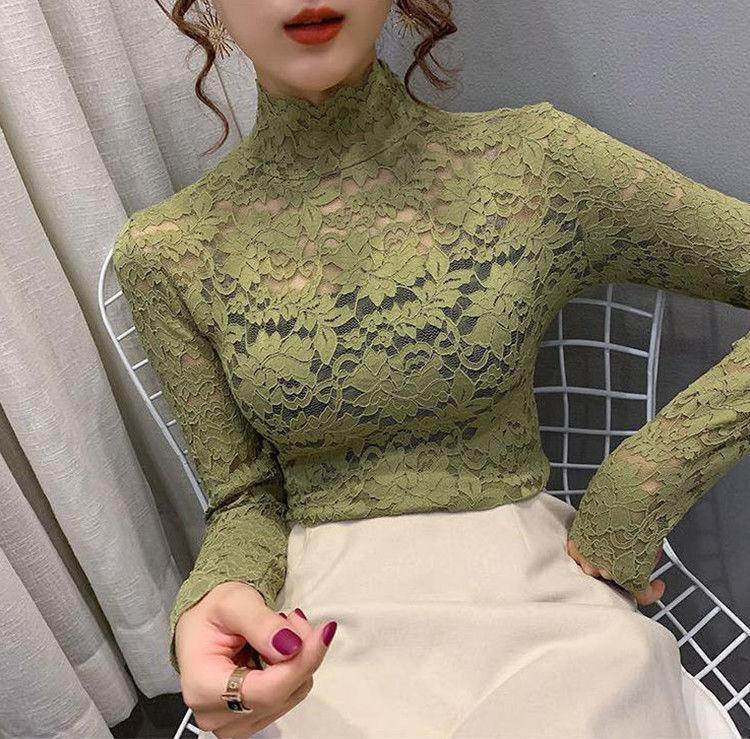 Olive green lace top for women with high neck and long sleeves, perfect for casual outings and special occasions