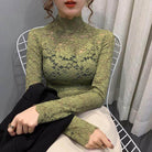Olive Green Lace Top for Women from VacationGrabs with Long Sleeves and High Neck Design