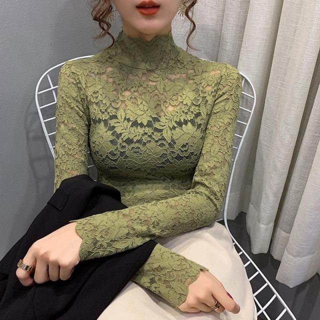 Olive Green Lace Top for Women from VacationGrabs with Long Sleeves and High Neck Design