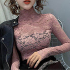 Stylish pink lace tops for women with high neckline and sheer designs, perfect for chic outfits