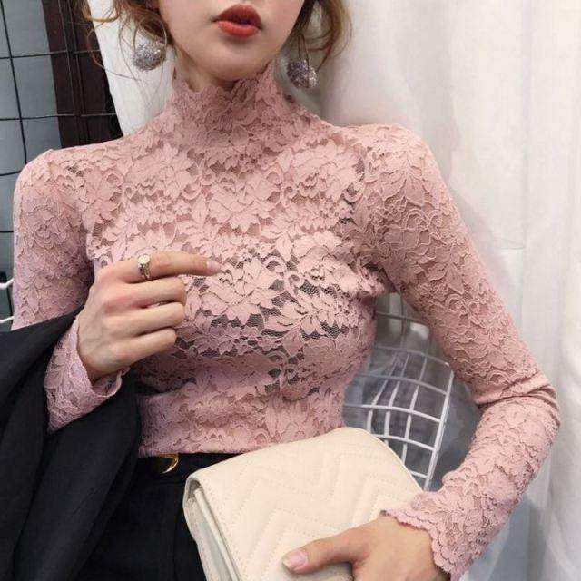 Elegant pink lace top for women from VacationGrabs with high neck and long sleeves
