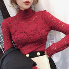 Elegant red lace tops for women with high neckline and long sleeves from VacationGrabs
