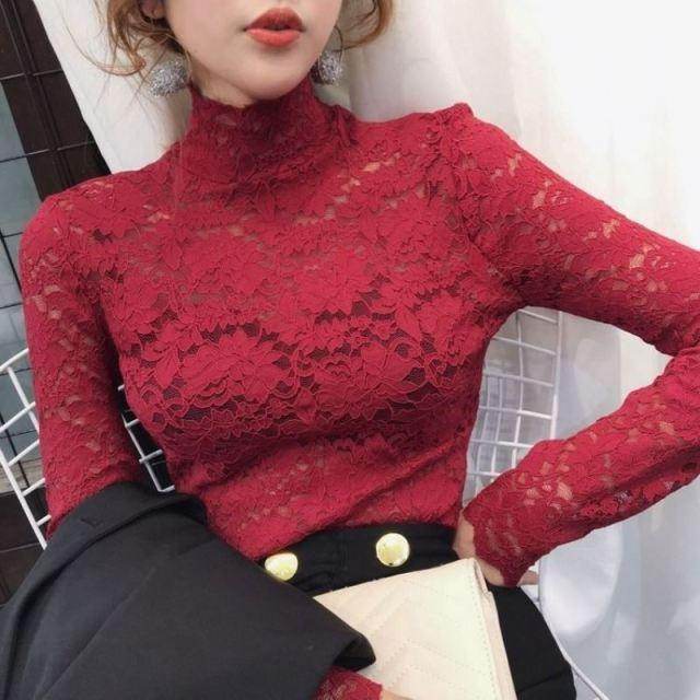 Elegant red lace tops for women with high neckline and long sleeves from VacationGrabs