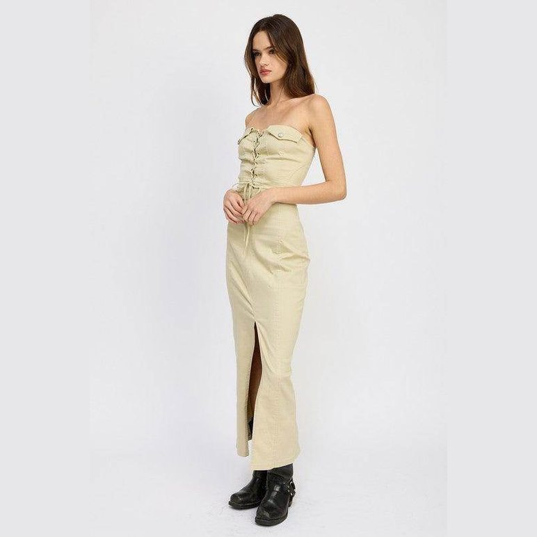 Lace Up Corset Dress With Front Slit - VacationGrabs