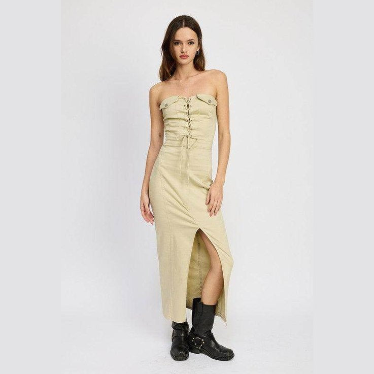 Lace Up Corset Dress With Front Slit - VacationGrabs