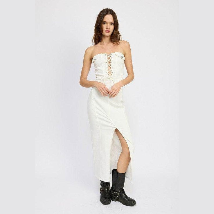 Lace Up Corset Dress With Front Slit - VacationGrabs