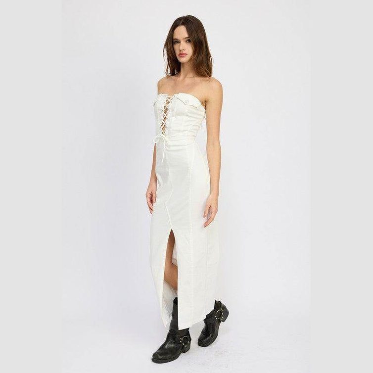 Lace Up Corset Dress With Front Slit - VacationGrabs