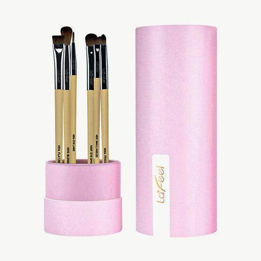 Lafeel eye brush set taupe with five brushes in a stylish pink container for perfect eye makeup application