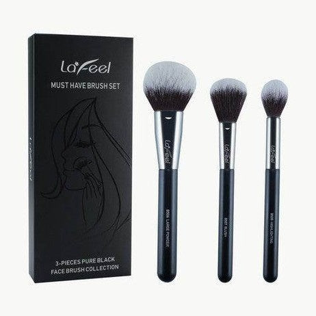 Lafeel makeup brush set featuring three essential brushes in a sleek black collection for flawless beauty application