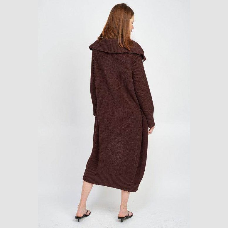 Emory Park lapel collar long cardigan in dark brown with oversized fit and ribbed texture