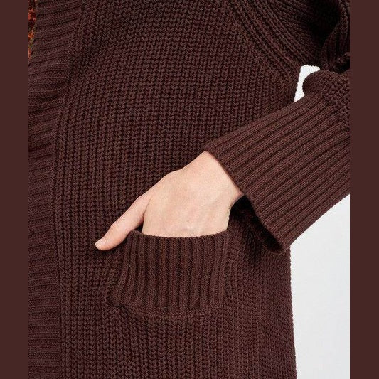 Emory Park lapel collar long cardigan in brown with pockets for a stylish and cozy look