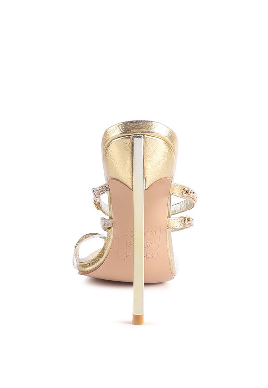 Rag Company gold strappy stiletto heeled sandals showing high thin heel and sole detail