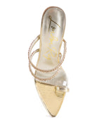 Rag Company gold strappy stiletto heeled sandals with clear and braided straps