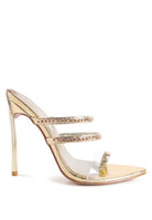 Gold strappy stiletto heeled sandals with clear and chain detail straps by Rag Company