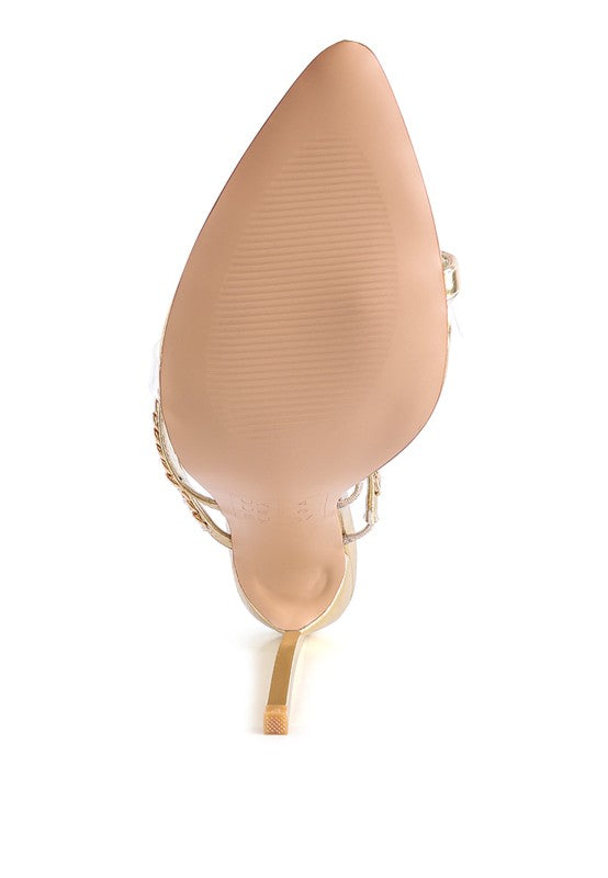 Bottom view of Rag Company strappy stiletto heeled sandals with a pointed sole and gold heel