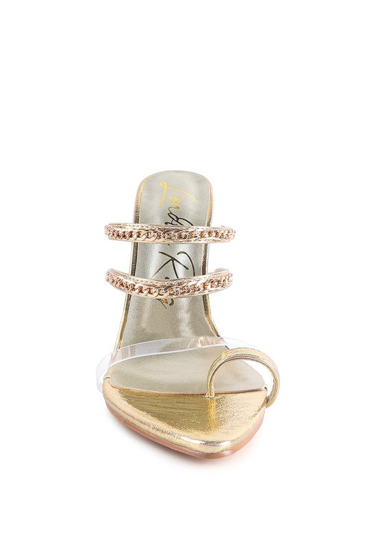 Rag Company strappy stiletto heeled sandals with clear and gold chain straps front view