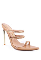 Rag Company tan strappy stiletto heeled sandals with gold chain detail and clear straps