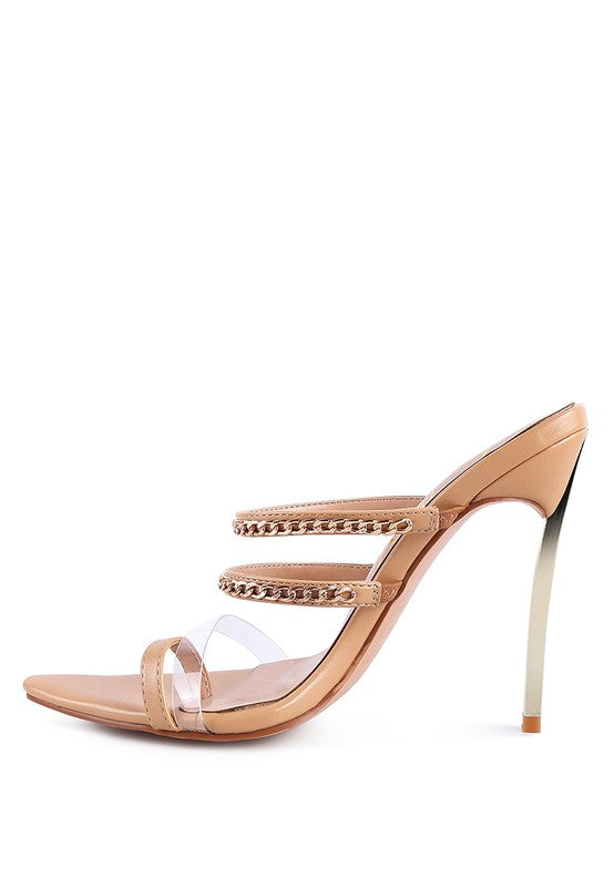 Rag Company nude strappy stiletto heeled sandals with chain detailing and clear straps