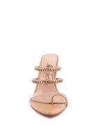 Rag Company strappy stiletto heeled sandals with clear and chain-embellished straps in nude color