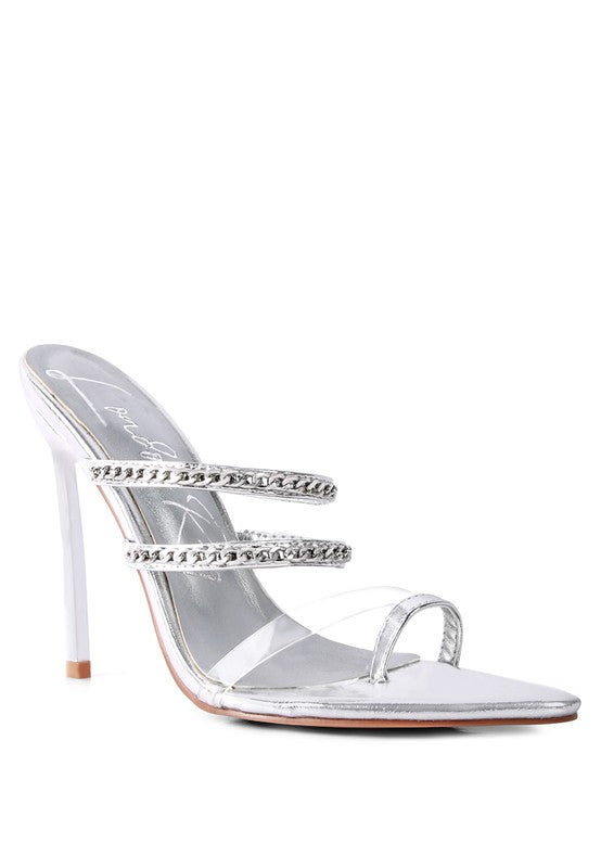 Rag Company silver strappy stiletto heeled sandals with chain detail and clear straps