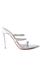Silver strappy stiletto heeled sandals with clear straps and rhinestone detailing by Rag Company