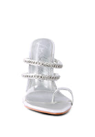 Rag Company silver strappy stiletto heeled sandals with chain detail and toe loop design