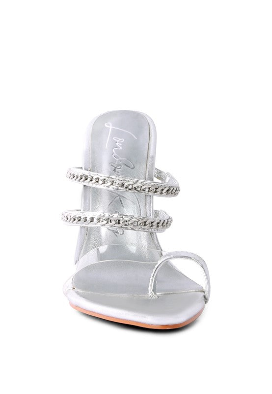 Rag Company silver strappy stiletto heeled sandals with chain detail and toe loop design