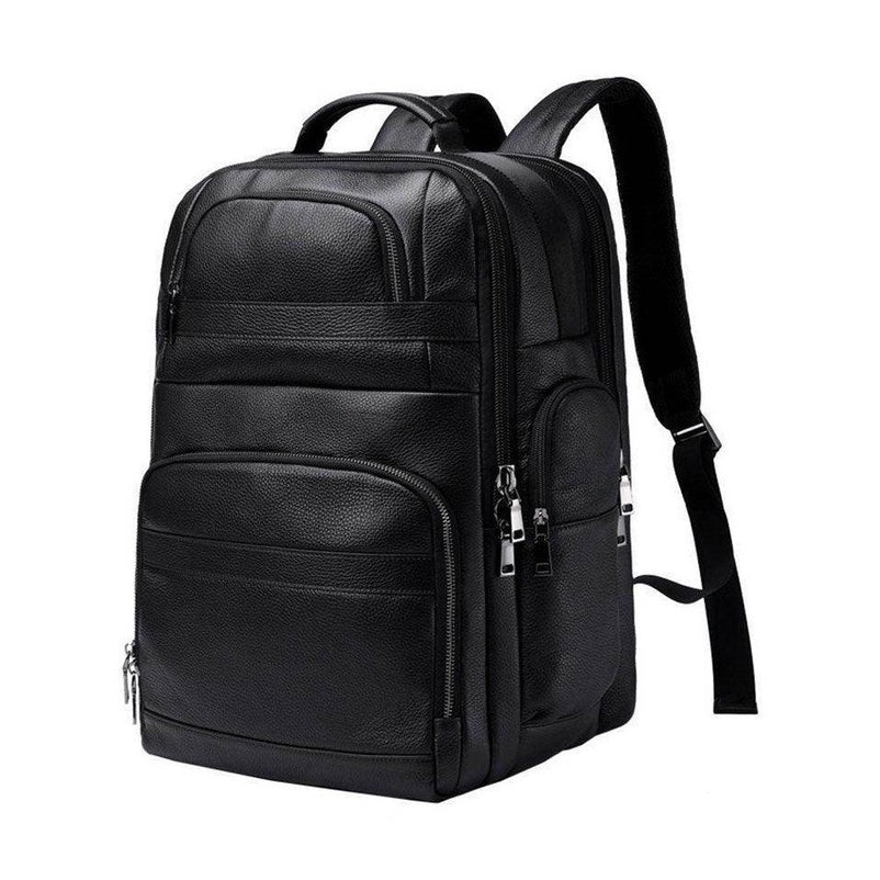 Large leather travel backpack from VacationGrabs with multiple compartments and padded shoulder straps
